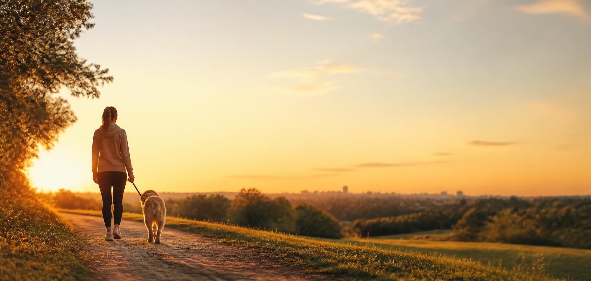 Person walking their dog on a hilltop path at golden hour
