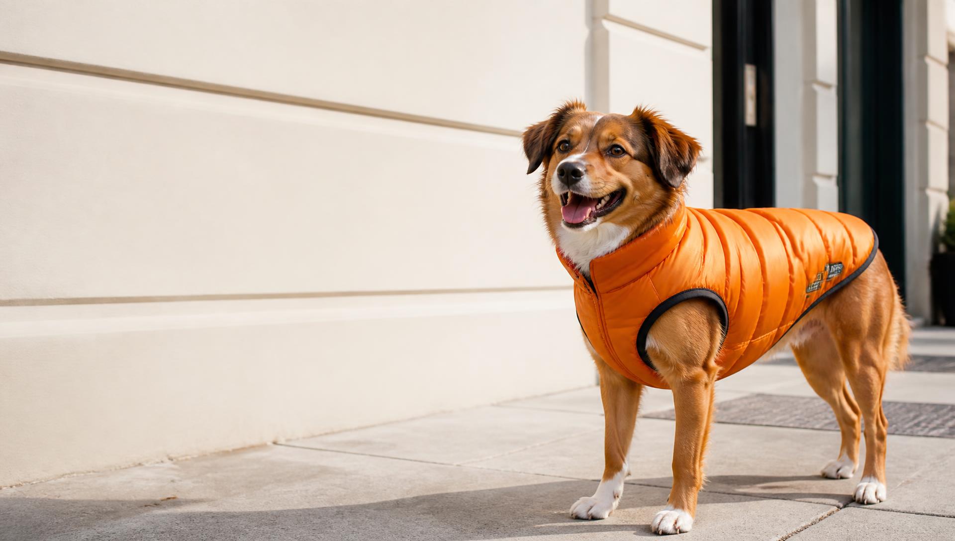 Dog wearing an orange insulated jacket on a sunny sidewalk